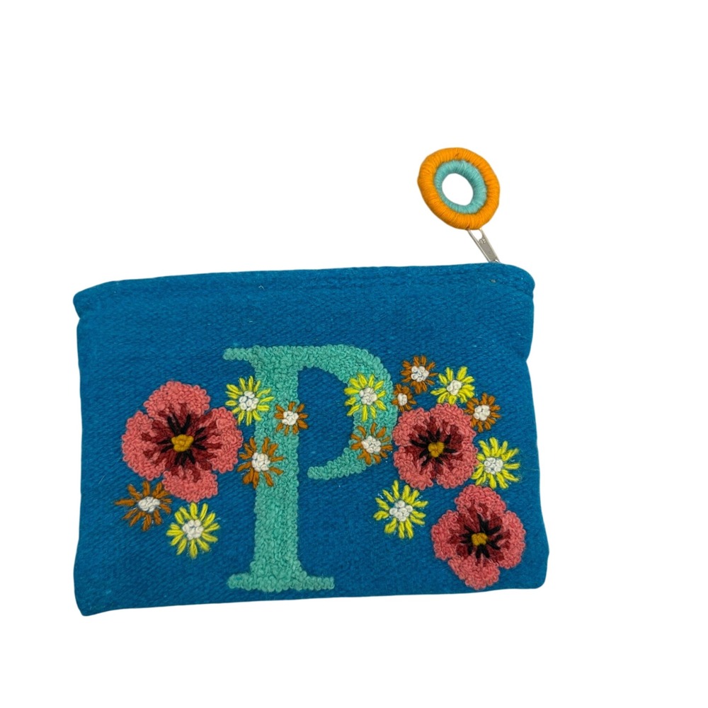 Jenny Krauss Pouch Womens OS Blue Floral Initial P Embroidered Wool Zip Bag